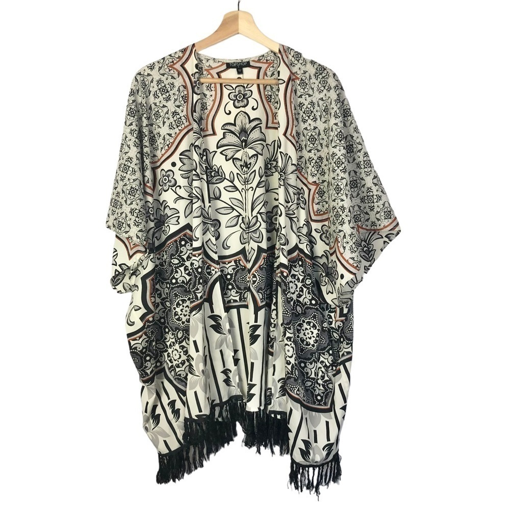 Topshop White & Black Floral Short Sleeve Tassel Hem Kimono Top S